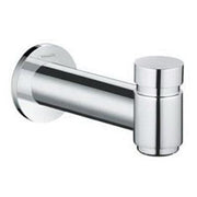 Chrome tub spout with diverter and cylindrical outlet, wall-mounted with round escutcheon plate.