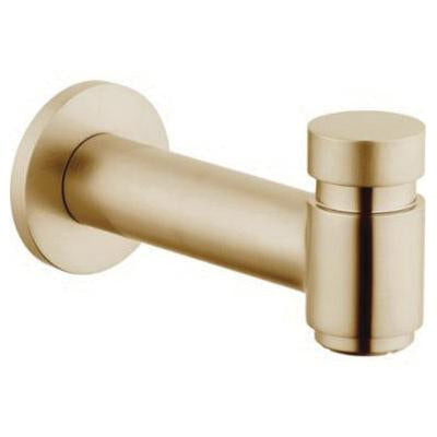 Brushed bronze tub spout with diverter, cylindrical design with round wall plate and lever handle.