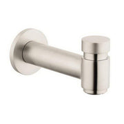Brushed nickel tub spout with diverter, cylindrical outlet tube, and round wall-mounted escutcheon.