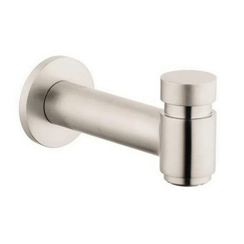 Brushed nickel tub spout with diverter, cylindrical outlet tube, and round wall-mounted escutcheon.