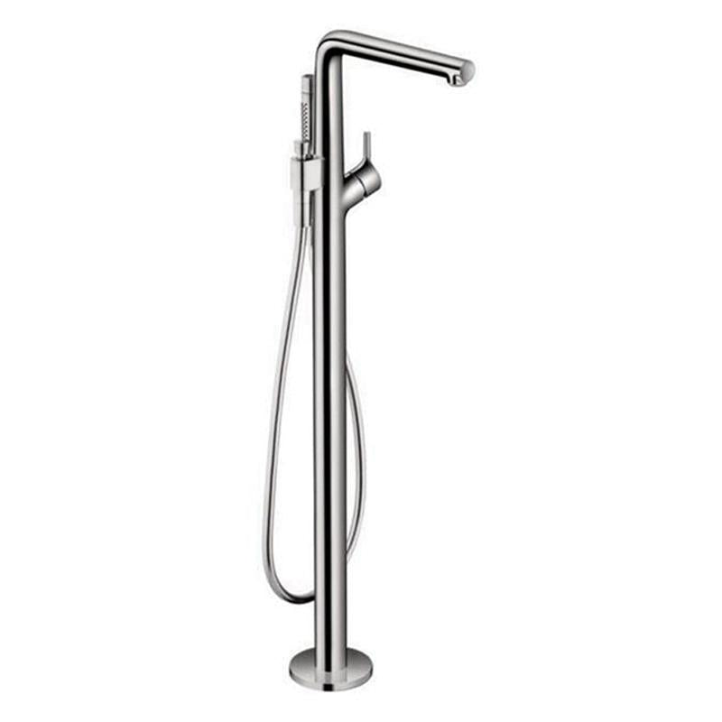 Chrome freestanding tub filler with curved spout, side lever handle, and detachable handshower on hose.