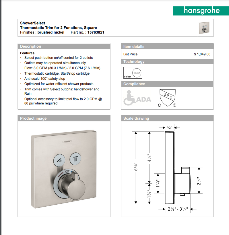 Square brushed nickel thermostatic shower trim with two function buttons and central dial control.