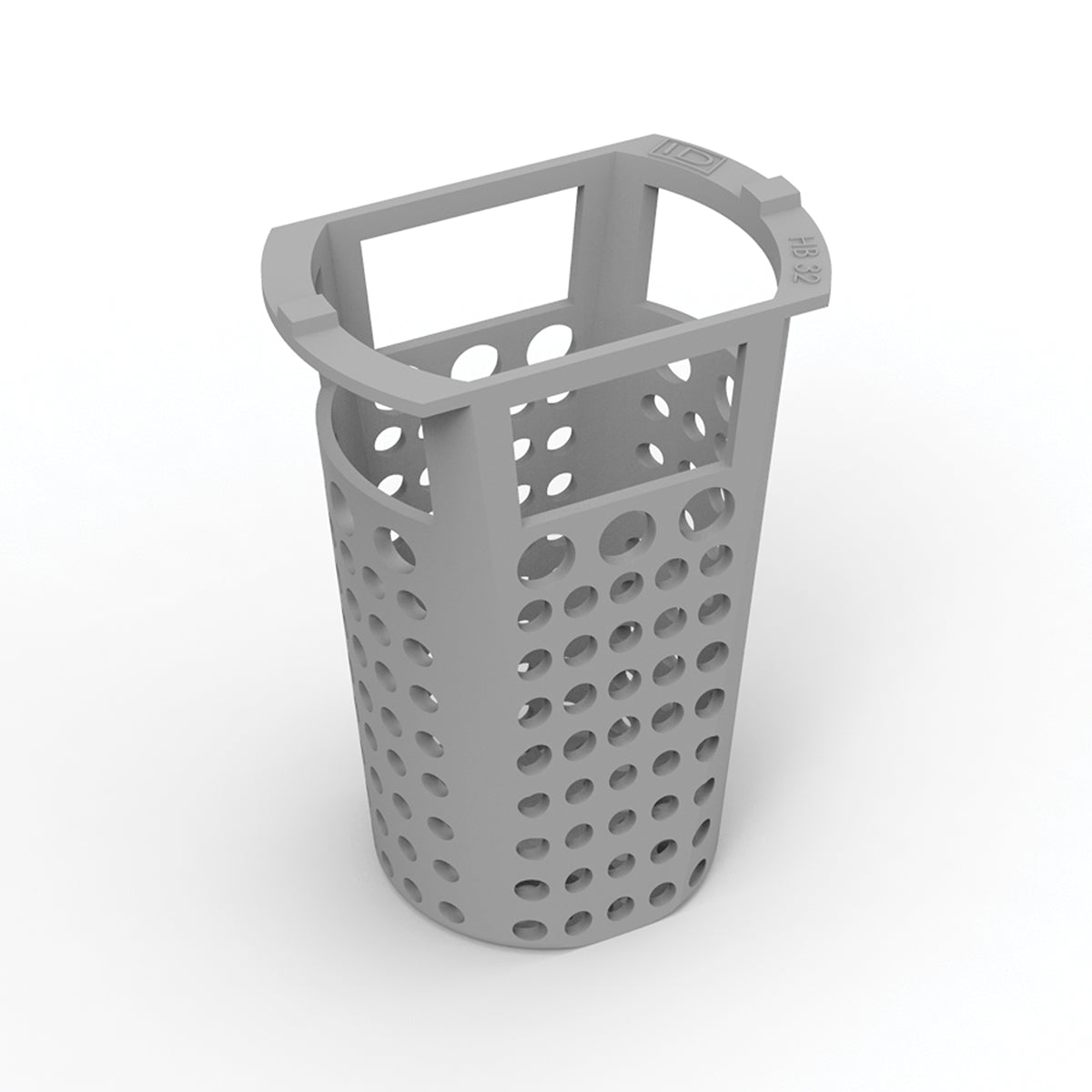 Gray cylindrical basket with perforated sides and dual handles for the Infinity Drain 2 HB 32 system.