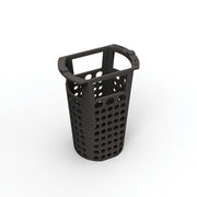 Black cylindrical drain component with perforated sides and dual handles on top.