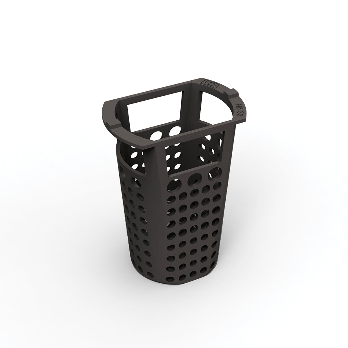 Black cylindrical drain component with perforated sides and dual handles on top.