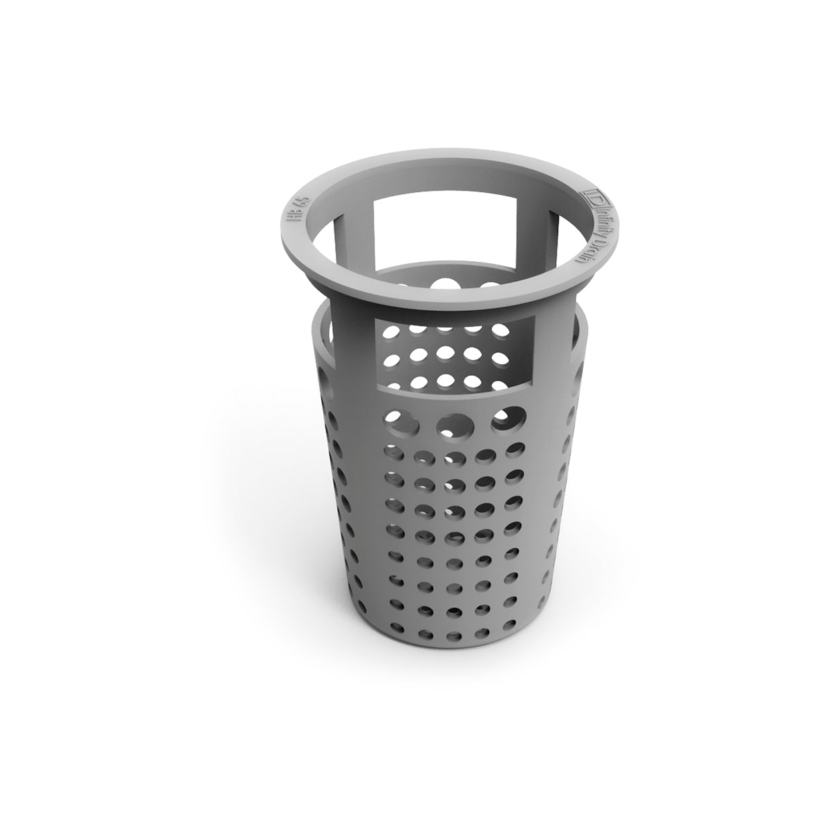 Gray cylindrical basket strainer with perforated sides and flanged rim, 2 inch diameter opening.