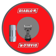 Drywall pole sander head with metal shaft and textured grip handle on red backing pad.