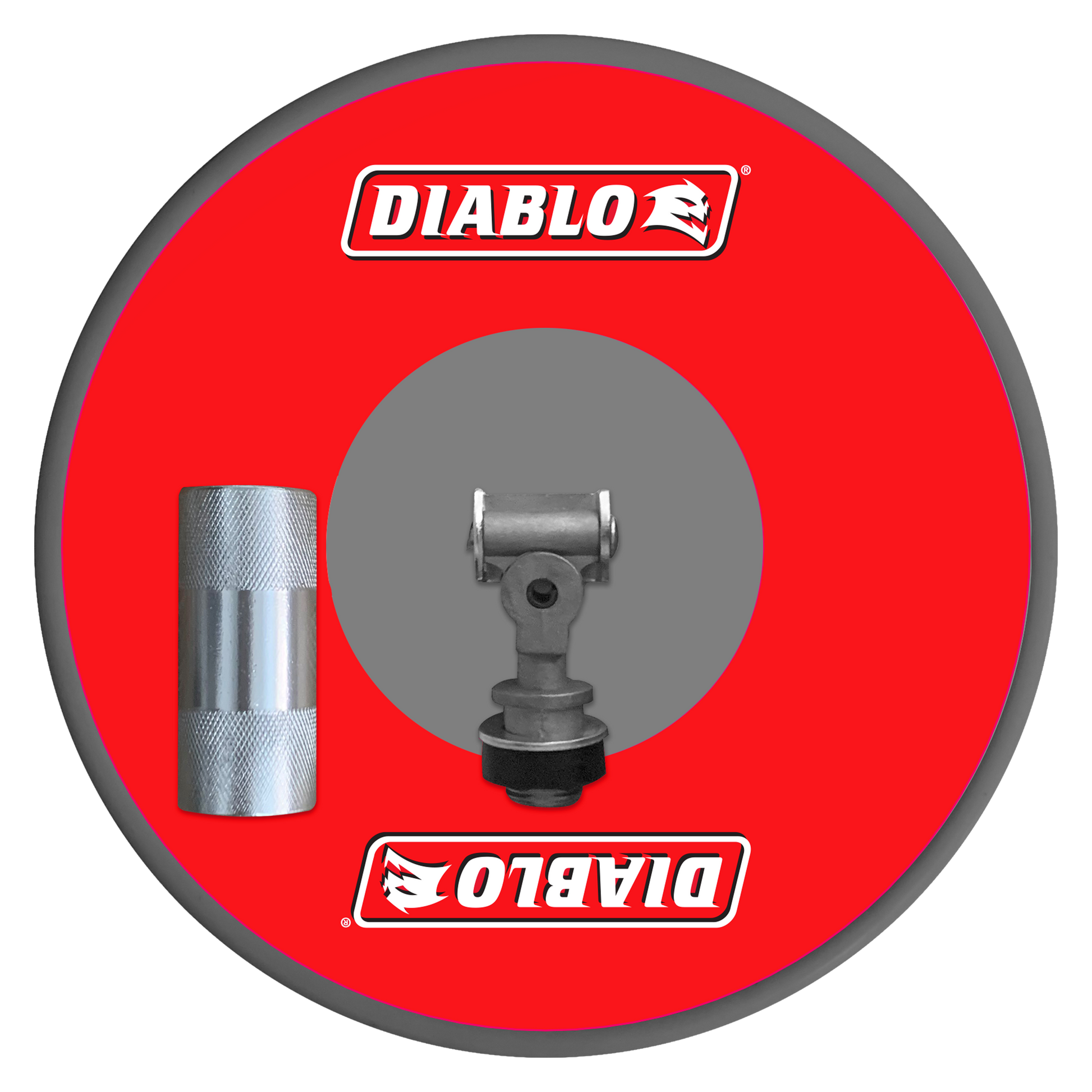 Drywall pole sander head with metal shaft and textured grip handle on red backing pad.