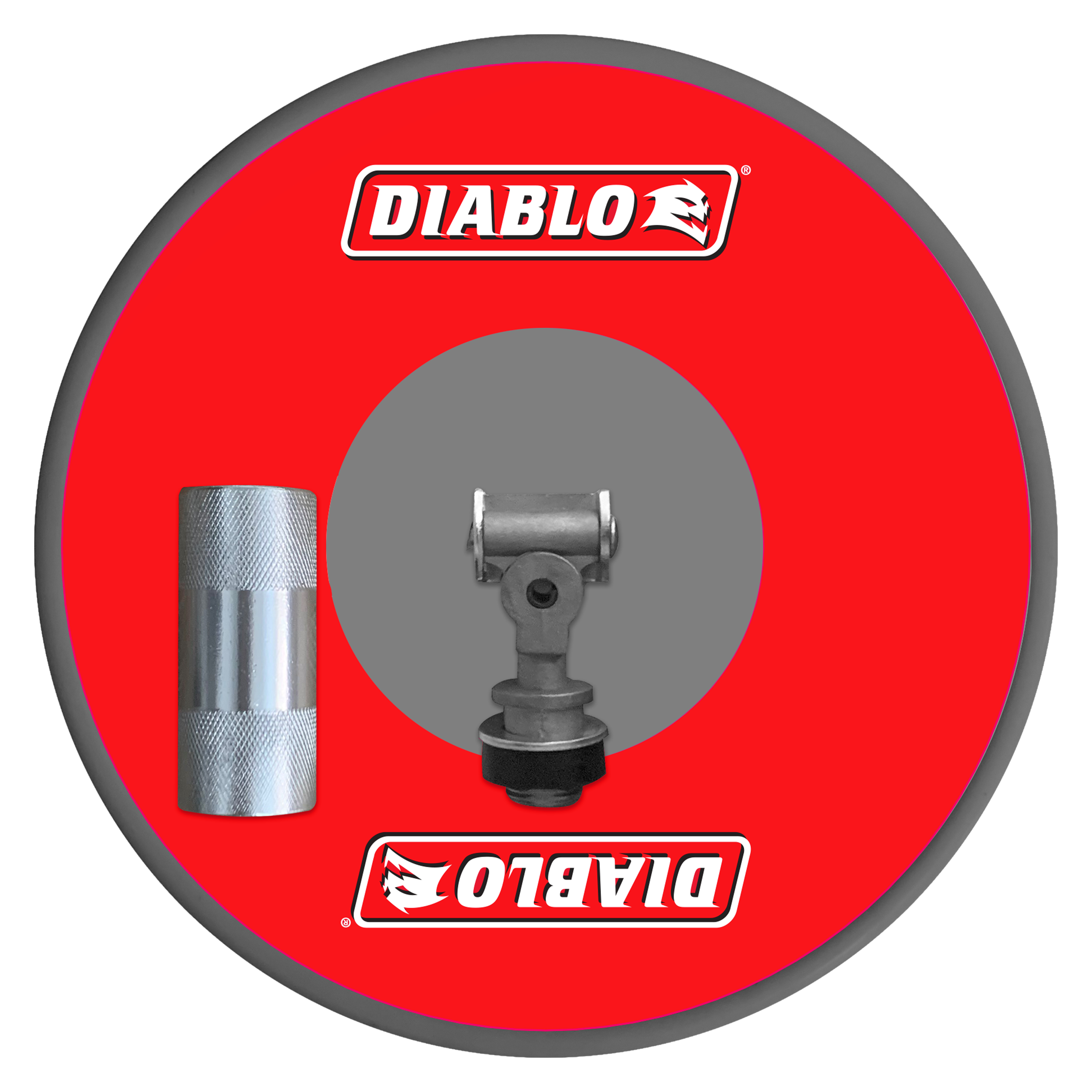 Drywall pole sander head with metal shaft and textured grip handle on red backing pad.