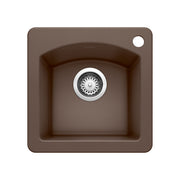 Cafe brown drop-in kitchen sink with single basin and chrome drain strainer, shown from above.