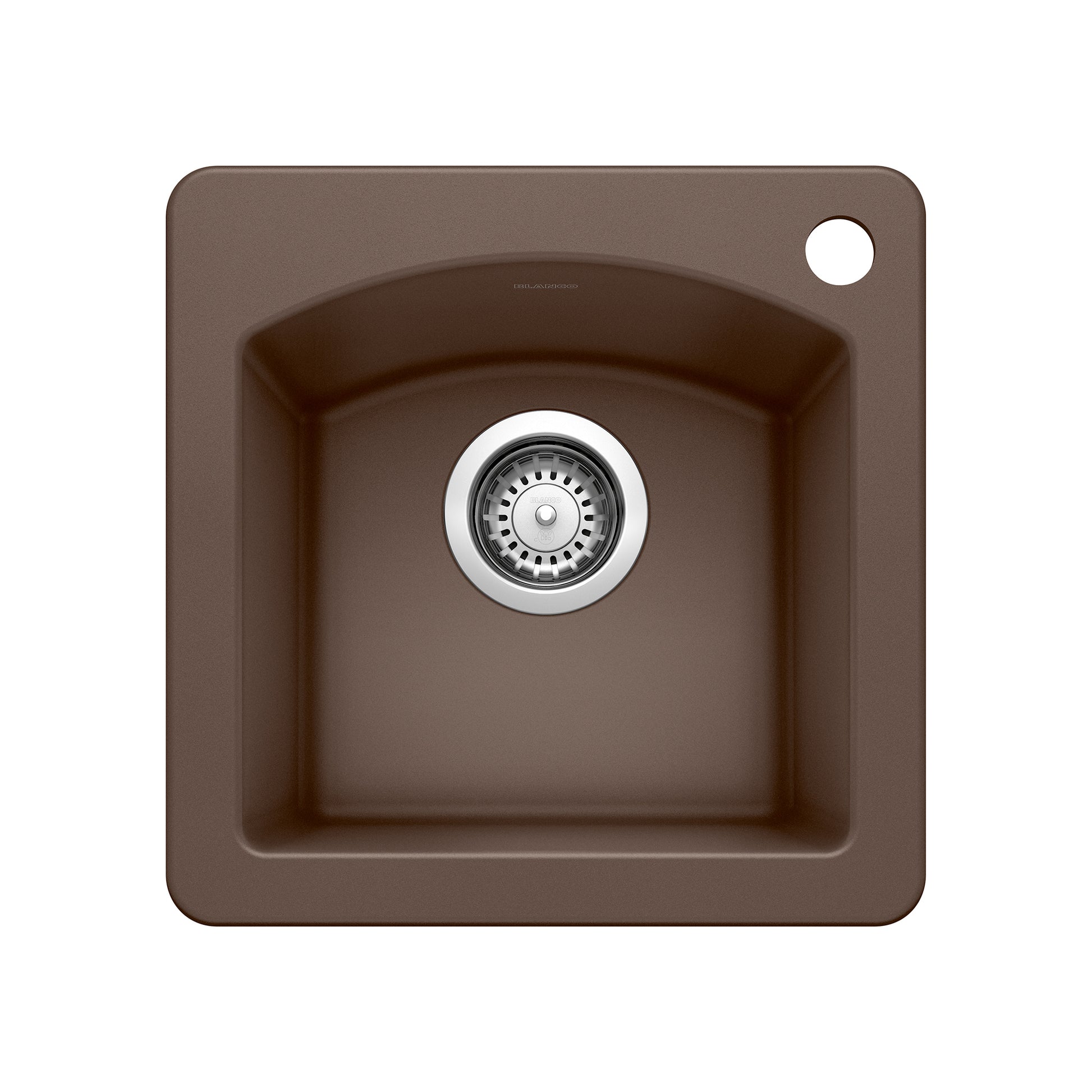Cafe brown drop-in kitchen sink with single basin and chrome drain strainer, shown from above.