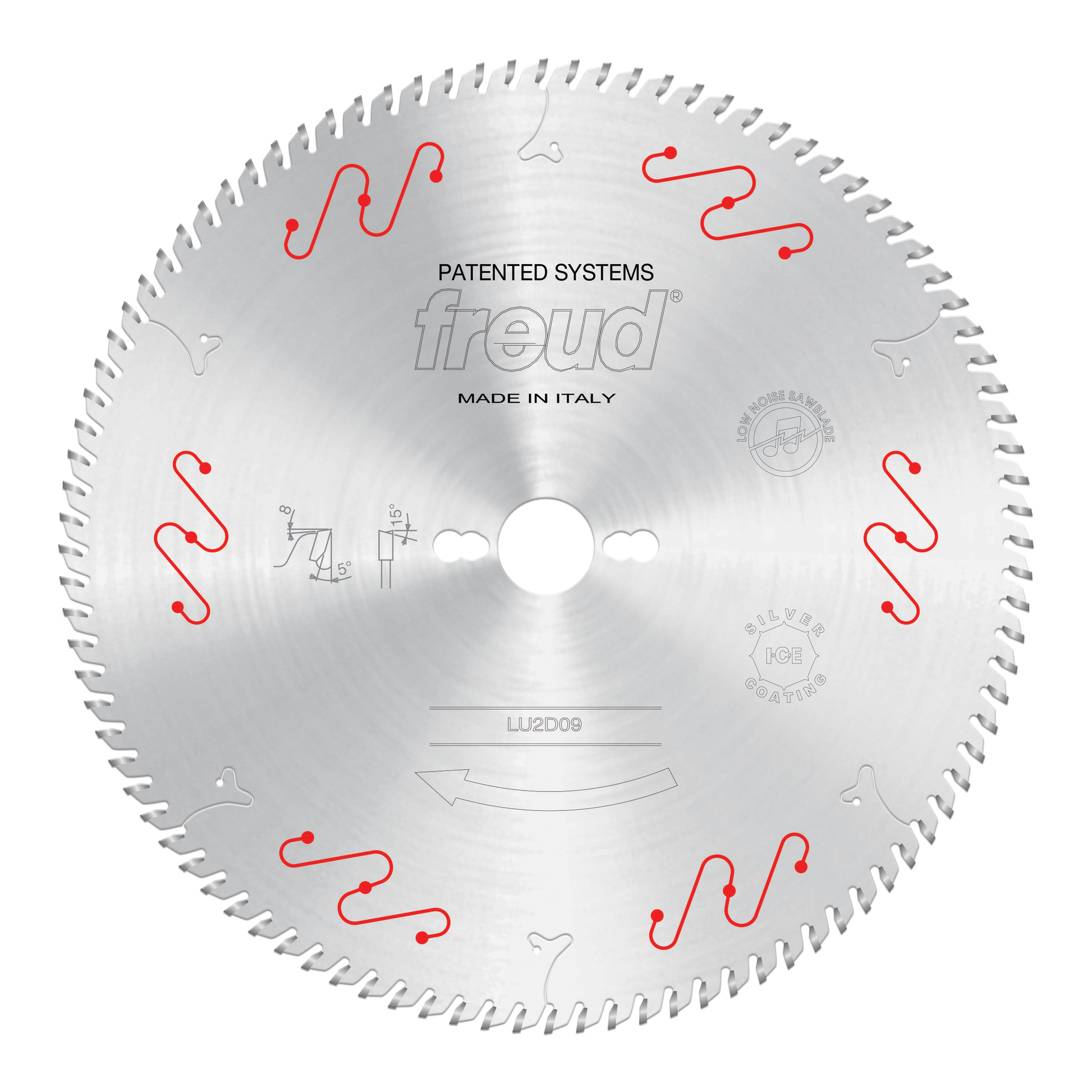 Freud circular saw blade with carbide teeth and red wavy markings around the perimeter.