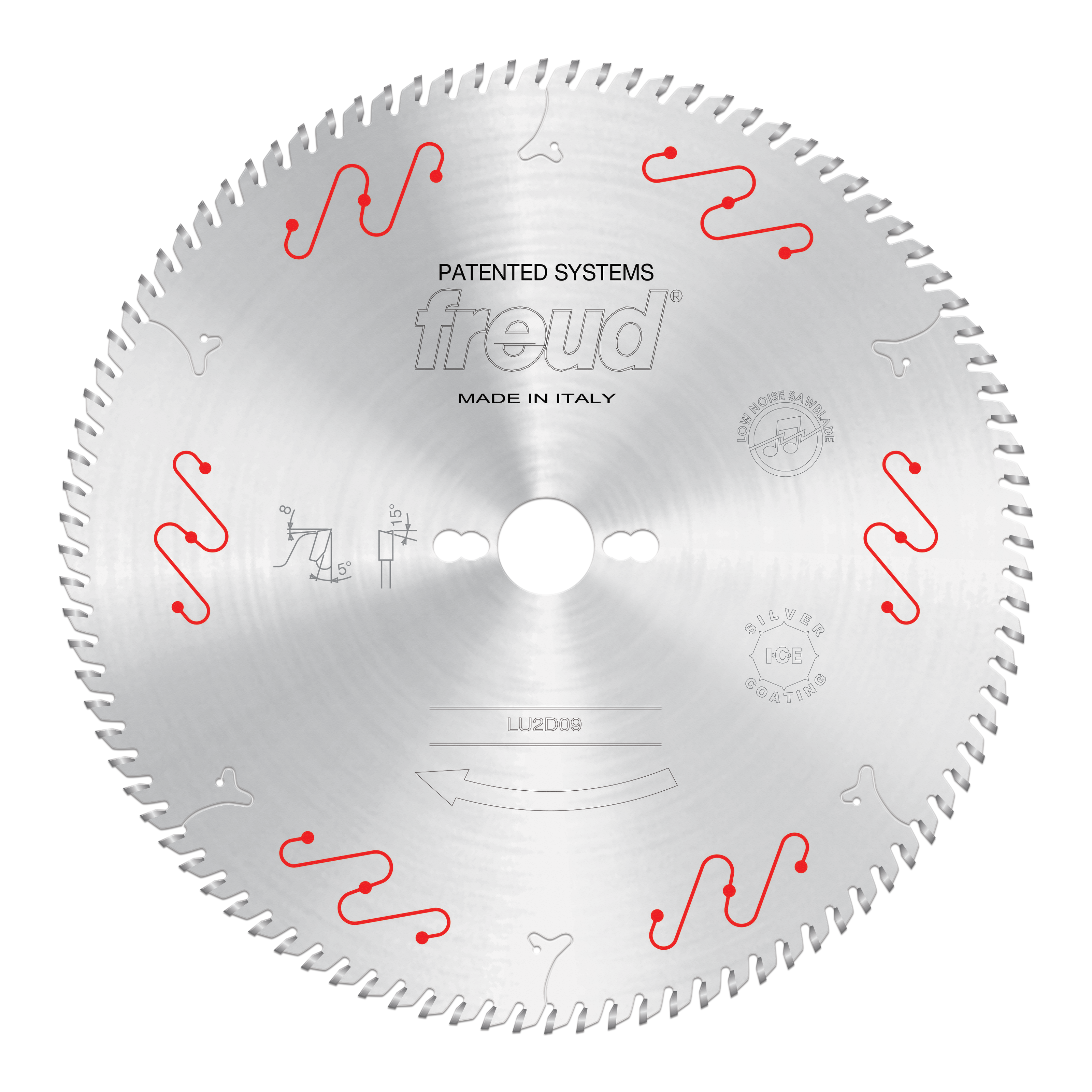 Freud circular saw blade with carbide teeth and red wavy markings around the perimeter.