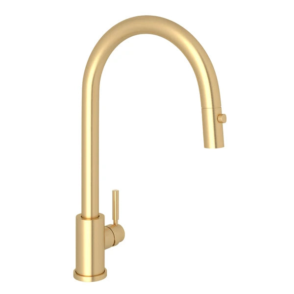Satin English gold pull-down kitchen faucet with curved C-spout and single lever handle.
