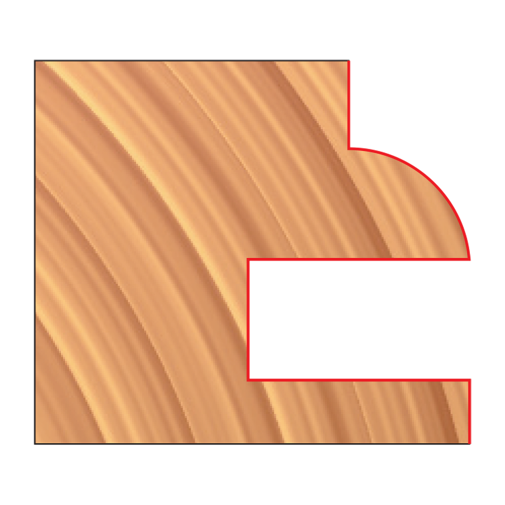 Router bit with red cutting edges forming a drawer lock profile on wood grain background.