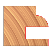 Router bit with curved and straight cutting edges shown in red outline against wood grain background.