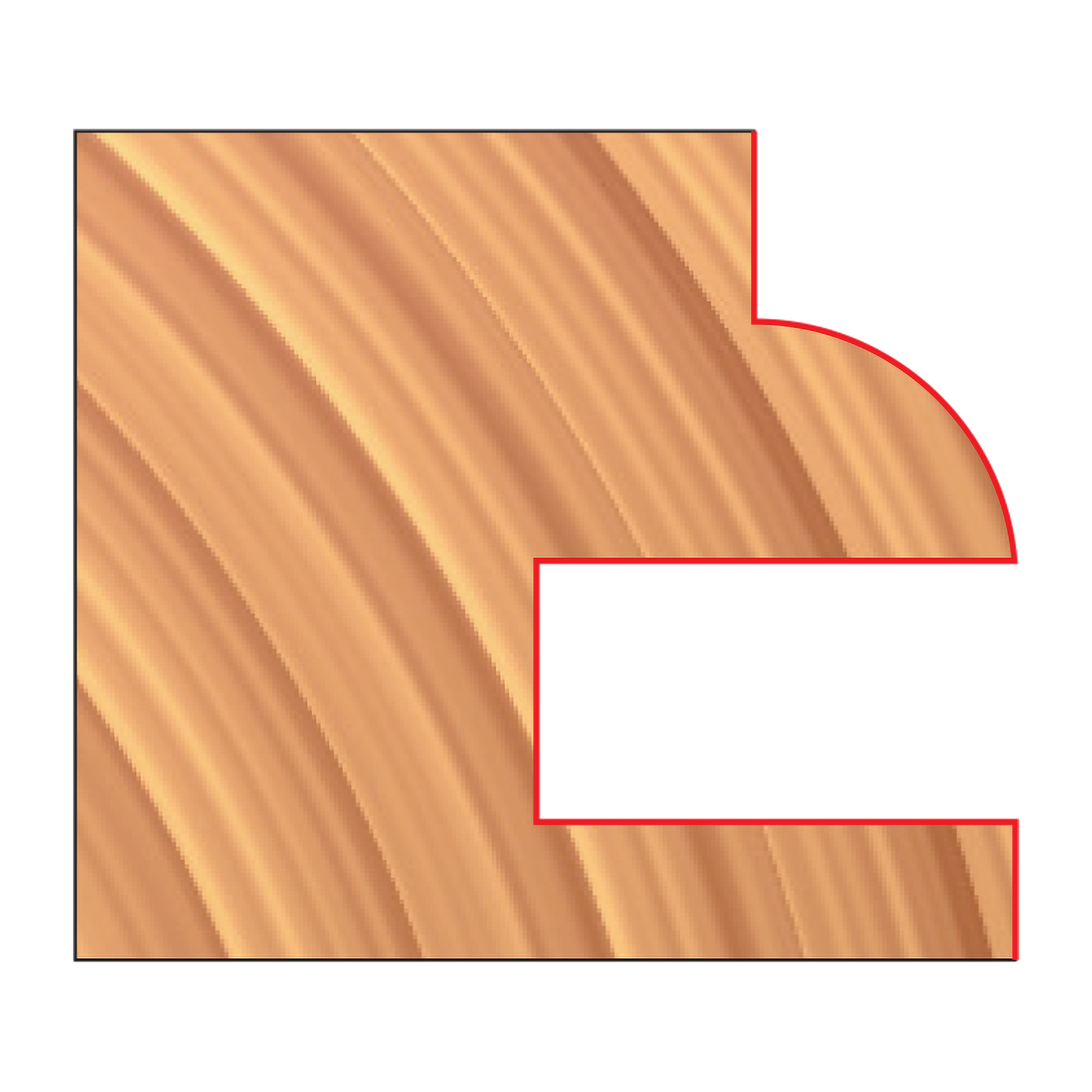 Router bit with curved and straight cutting edges shown in red outline against wood grain background.