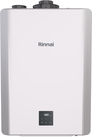 Rinnai white rectangular tankless water heater with black digital control panel and dual exhaust vents on top.