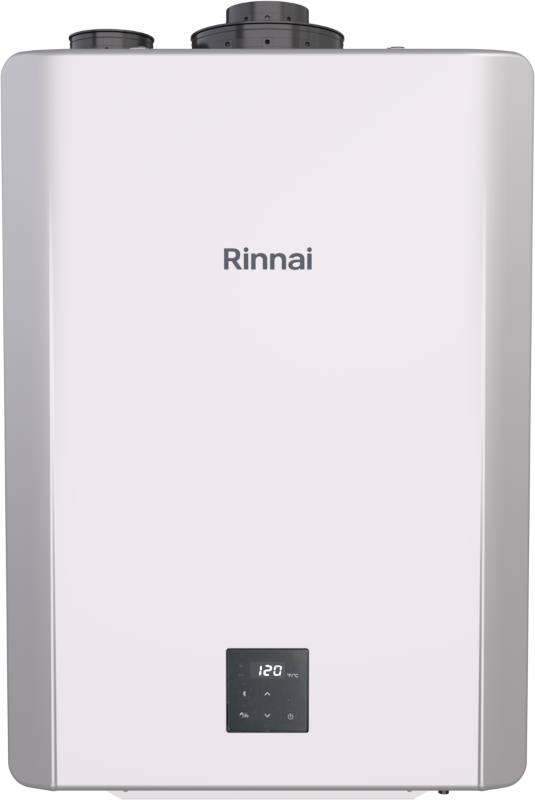 White Rinnai tankless water heater unit with dark control panel and dual exhaust vents on top.