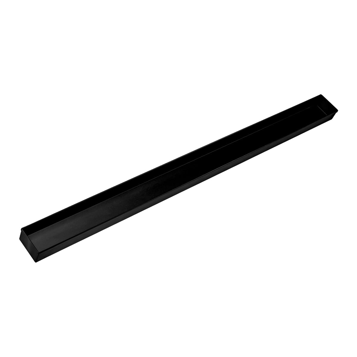 Matte black linear drain channel with sloped sides and angled end piece.