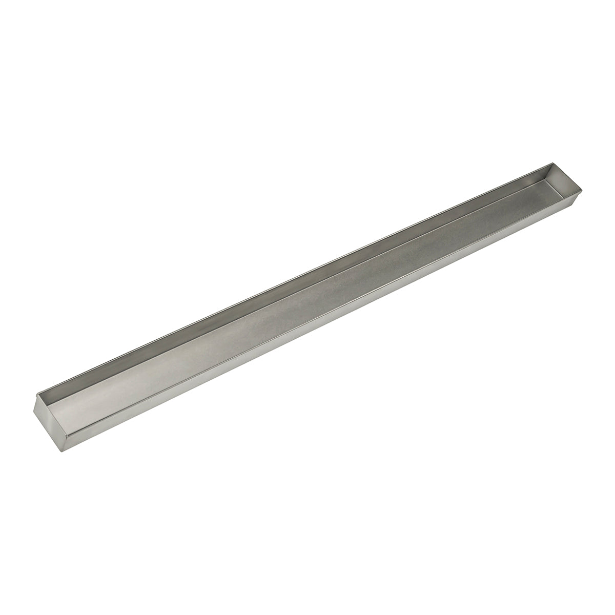 Satin stainless steel linear drain channel with angled ends and rectangular trough design.