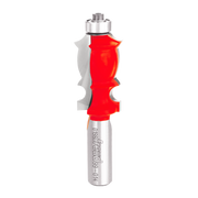 Red and silver router bit with decorative curved molding profile and metal shank.