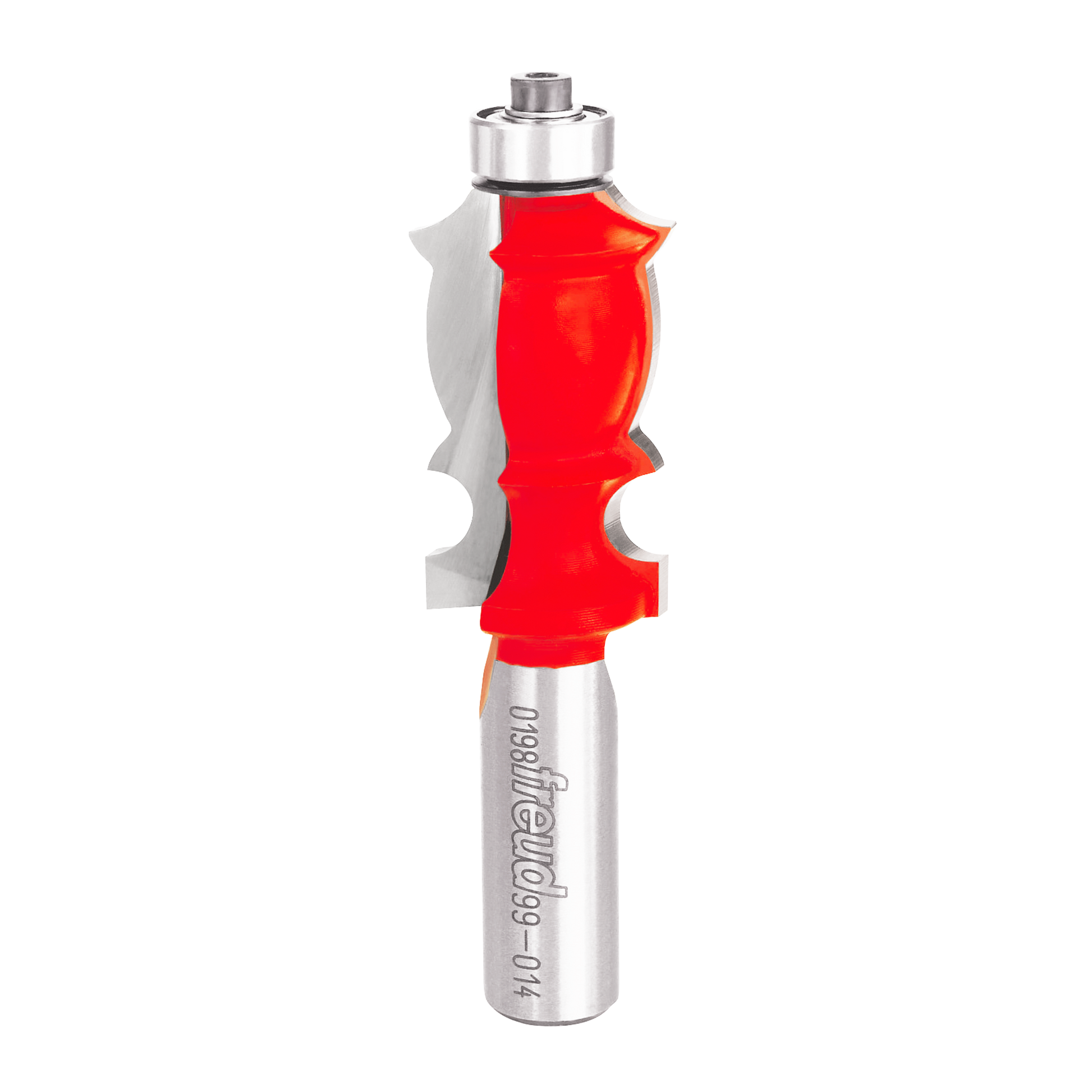 Red and silver router bit with decorative curved molding profile and metal shank.
