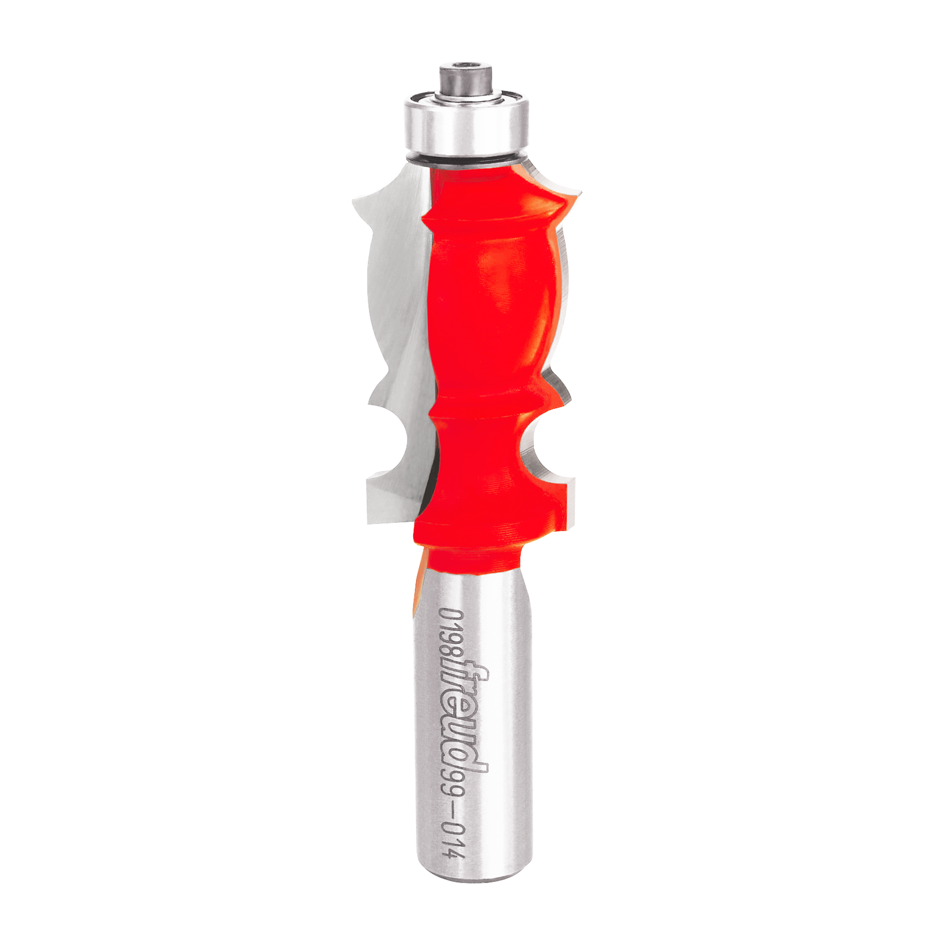 Red and silver router bit with decorative curved molding profile and metal shank.