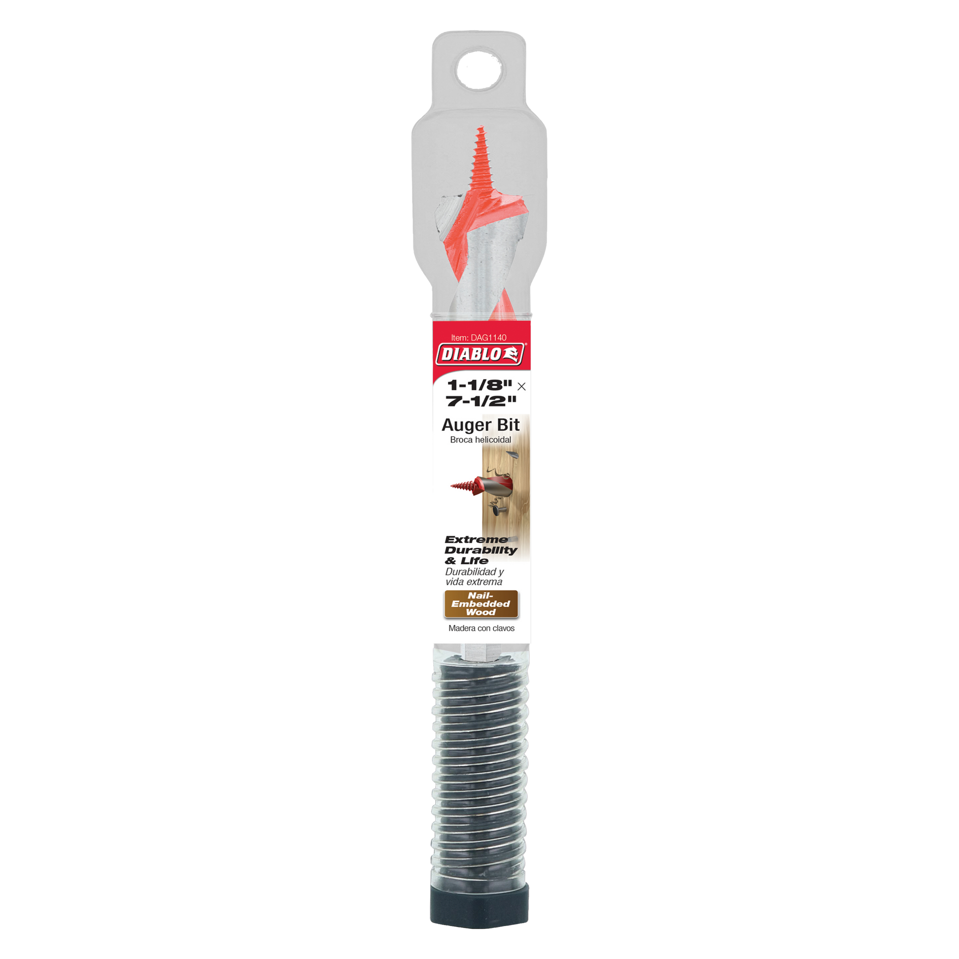 Diablo auger bit with red twisted flutes, gray shank, and threaded steel shaft in packaging.