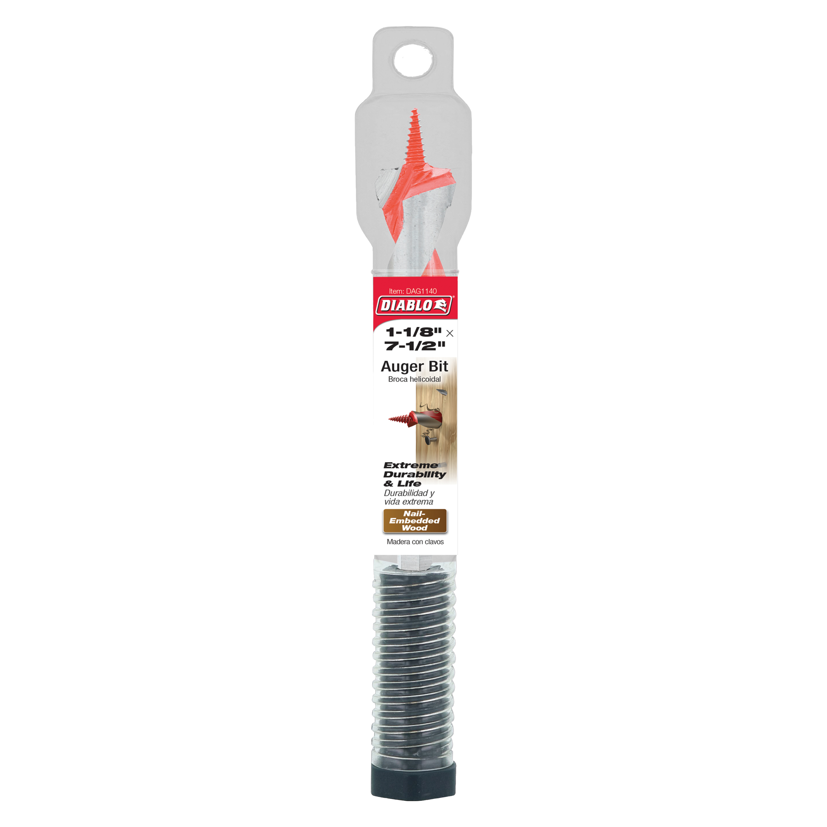 Diablo auger bit with red twisted flutes, gray shank, and threaded steel shaft in packaging.