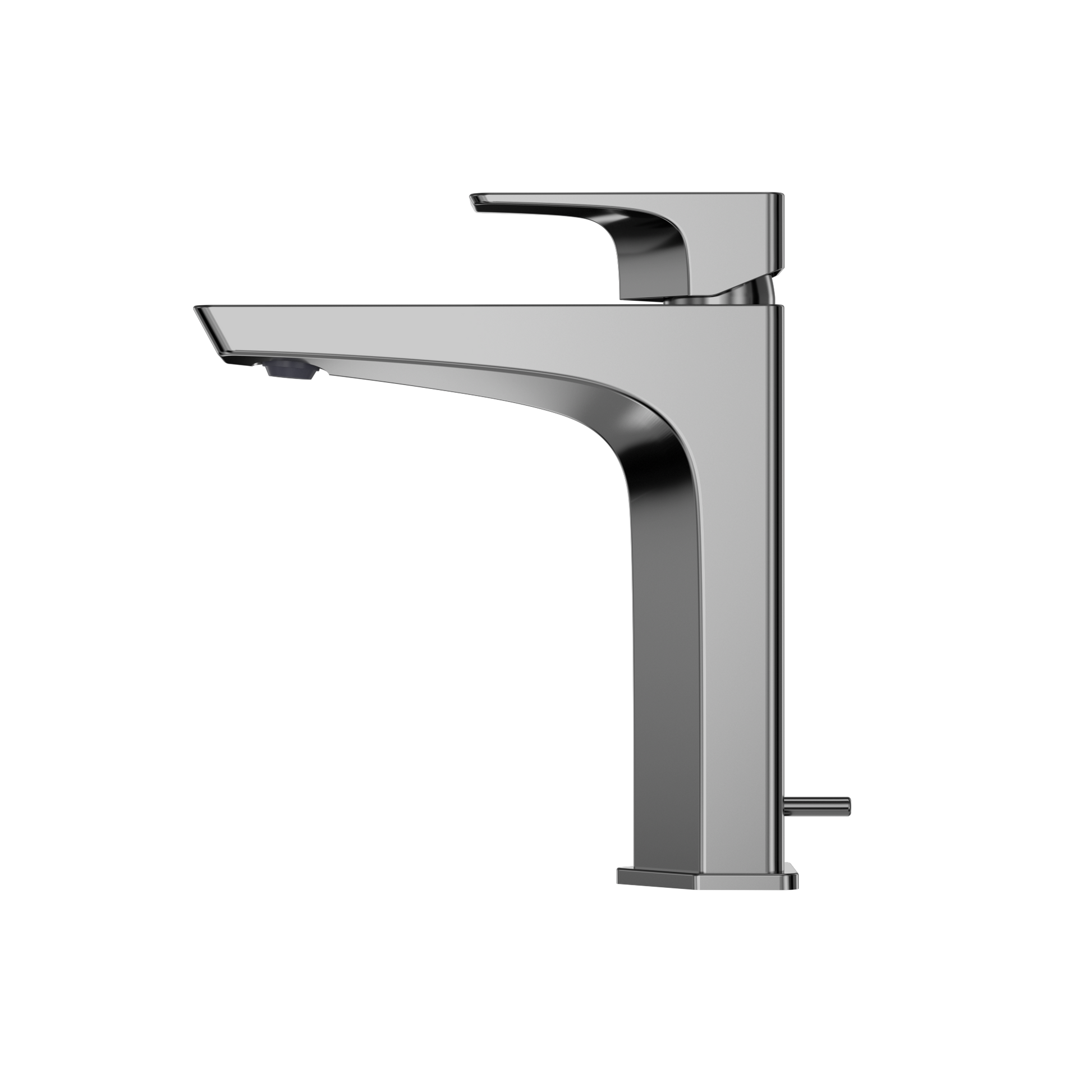 Polished chrome single-handle bathroom sink faucet with curved spout and rectangular body.