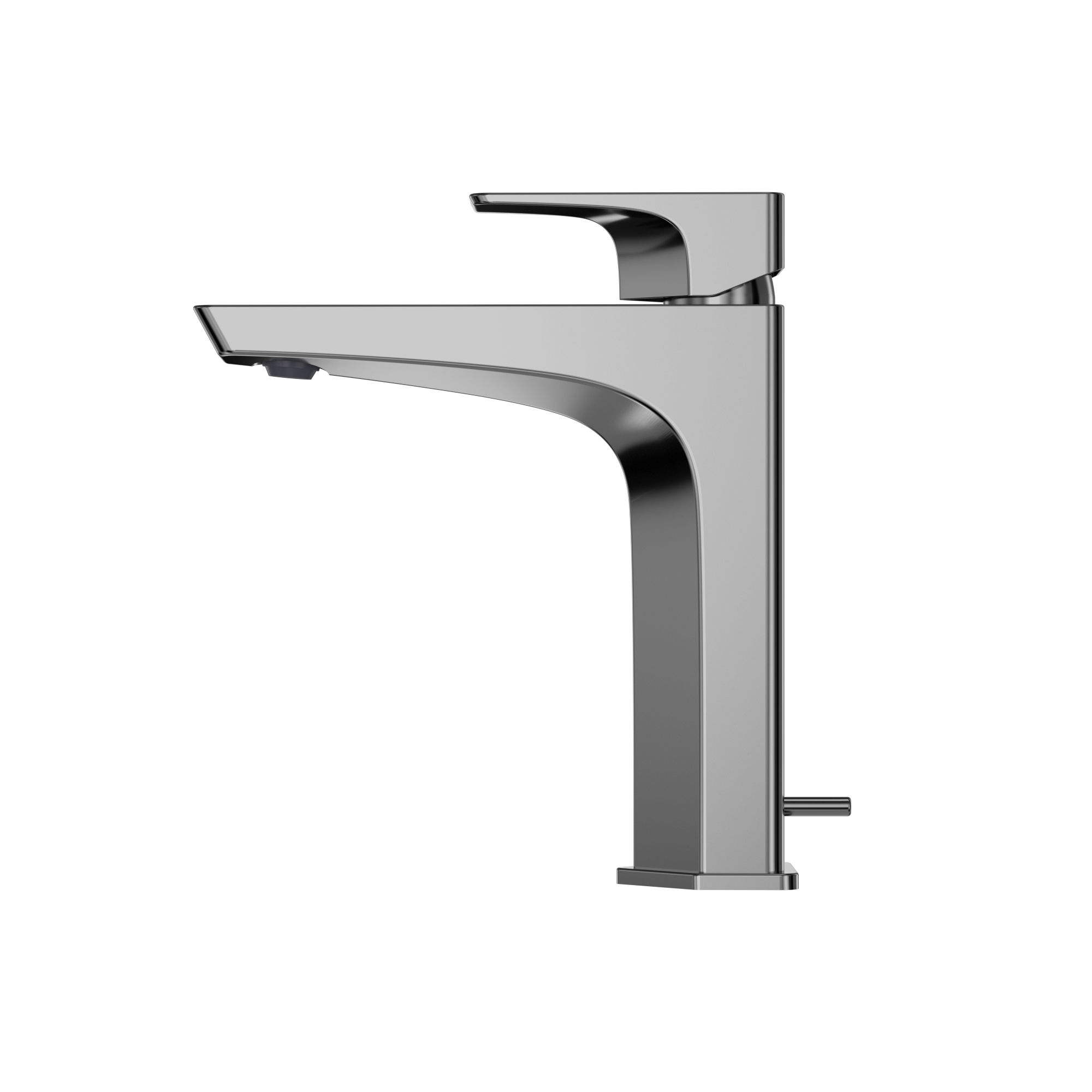 Polished chrome single-handle bathroom sink faucet with curved spout and rectangular body.