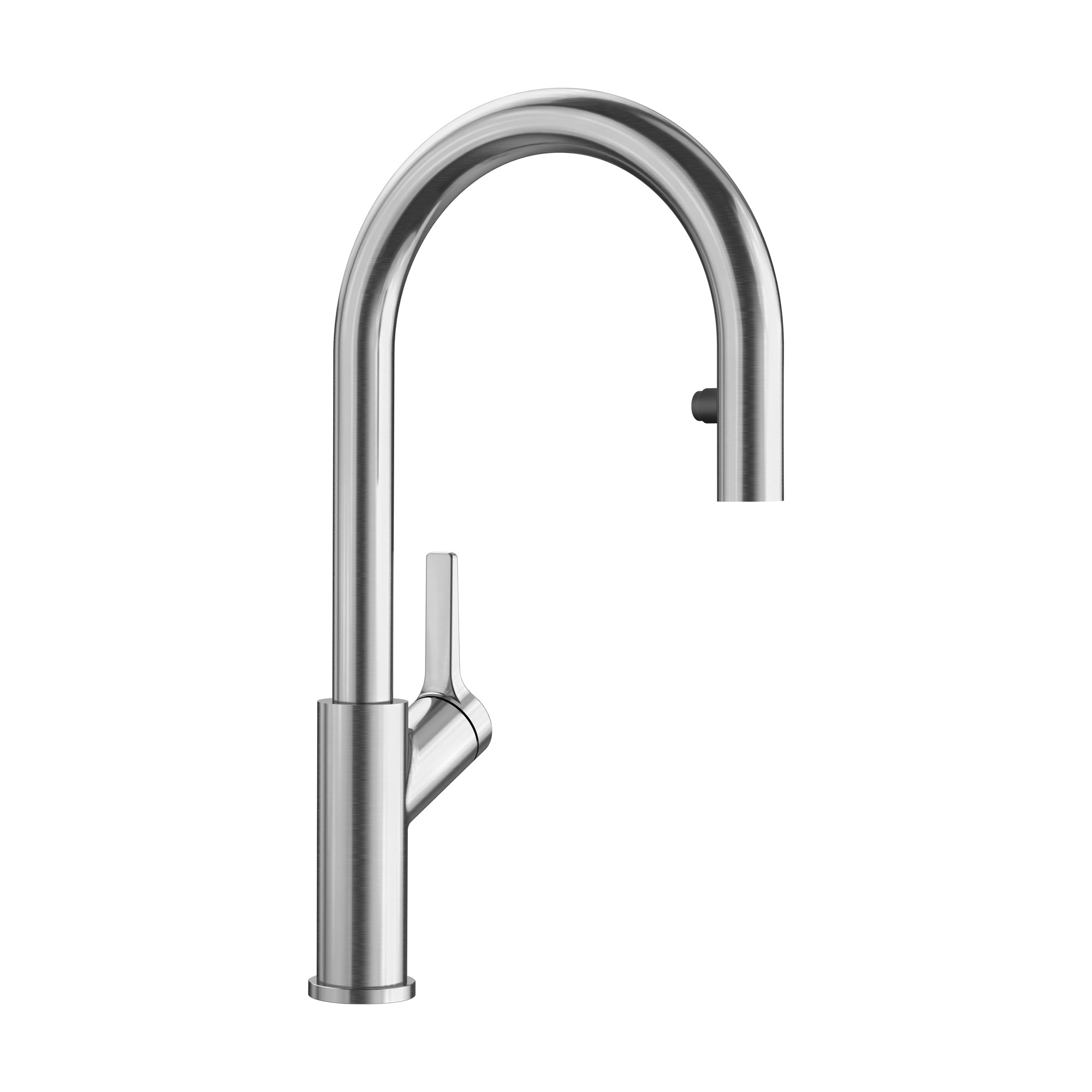 Stainless steel pull-down kitchen faucet with high arched spout and single lever handle.
