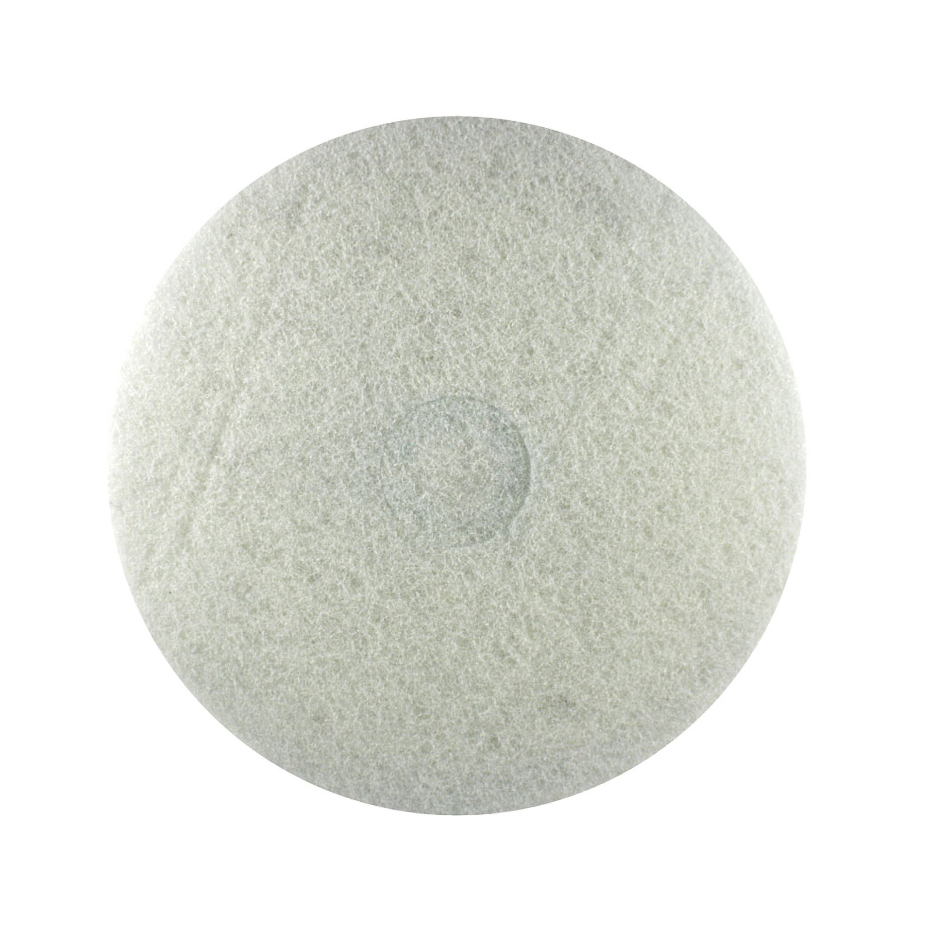 White circular non-woven buffer pad with textured surface and center mounting hole.