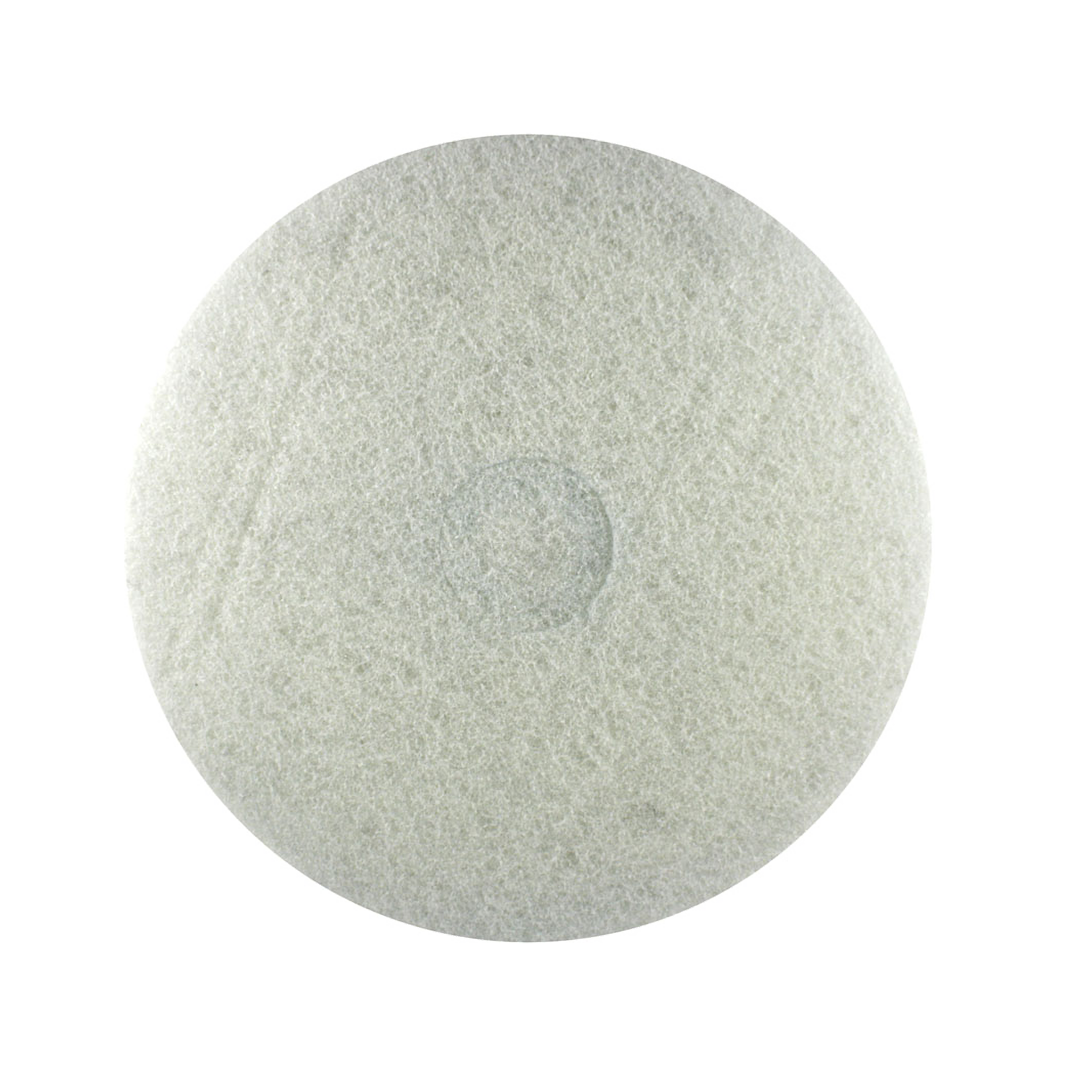 White circular non-woven buffer pad with textured surface and center mounting hole.