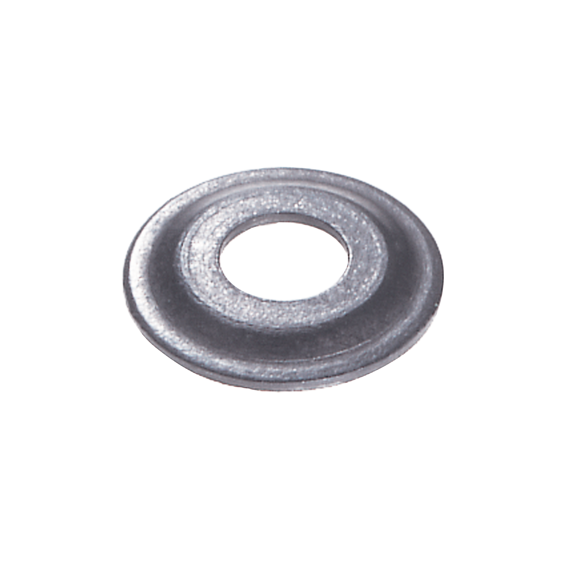 Metallic washer with oval center hole and flat circular base on white background.