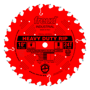 Red circular saw blade with 24 teeth, 10" diameter, 5/8" arbor, labeled "Heavy Duty Rip" with silver-tipped teeth around the 