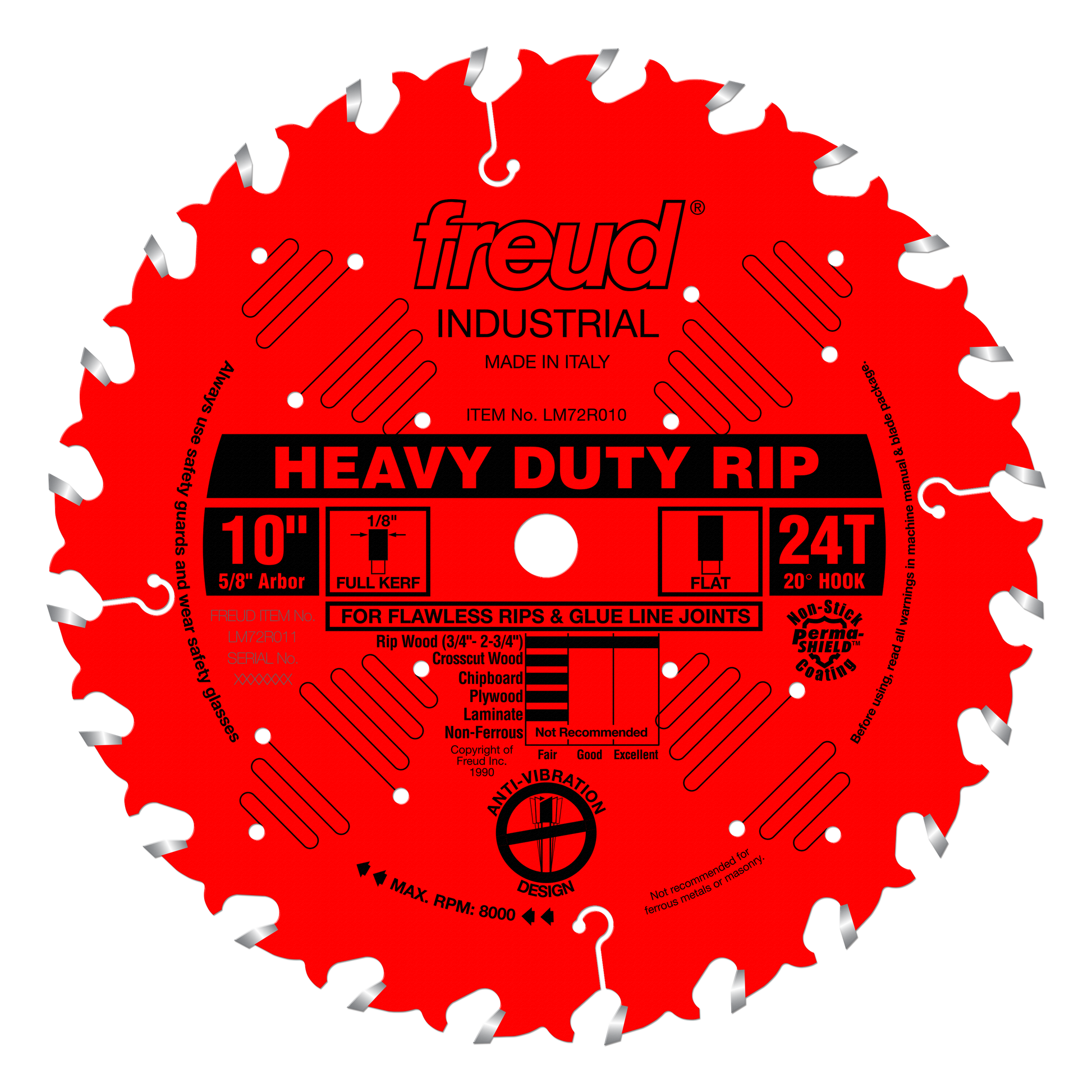 Red circular saw blade with 24 teeth, 10" diameter, 5/8" arbor, labeled "Heavy Duty Rip" with silver-tipped teeth around the 