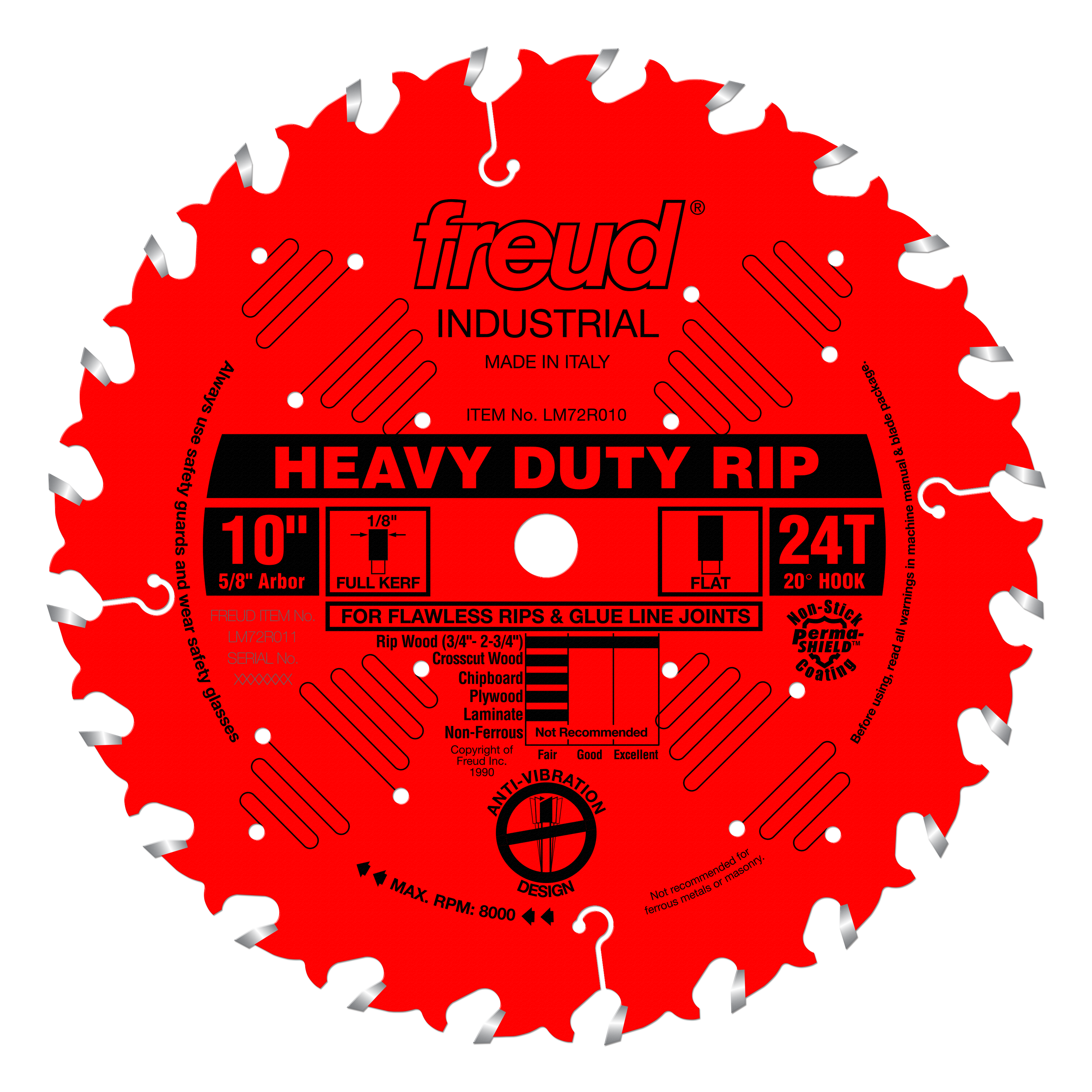 Red circular saw blade with 24 teeth, 10" diameter, 5/8" arbor, labeled "Heavy Duty Rip" with silver-tipped teeth around the 