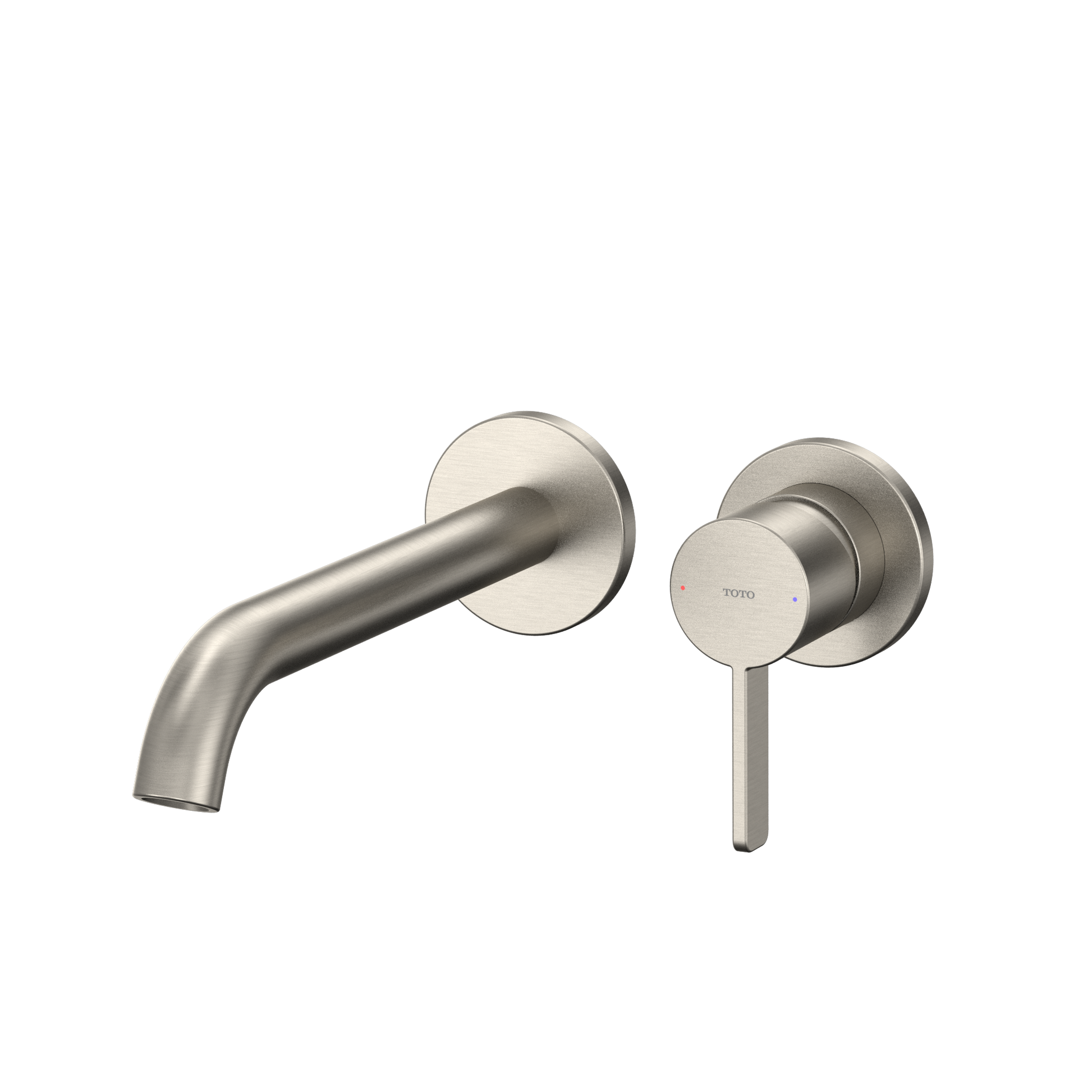 Brushed nickel wall-mount bathroom faucet with curved spout and single-handle lever control.