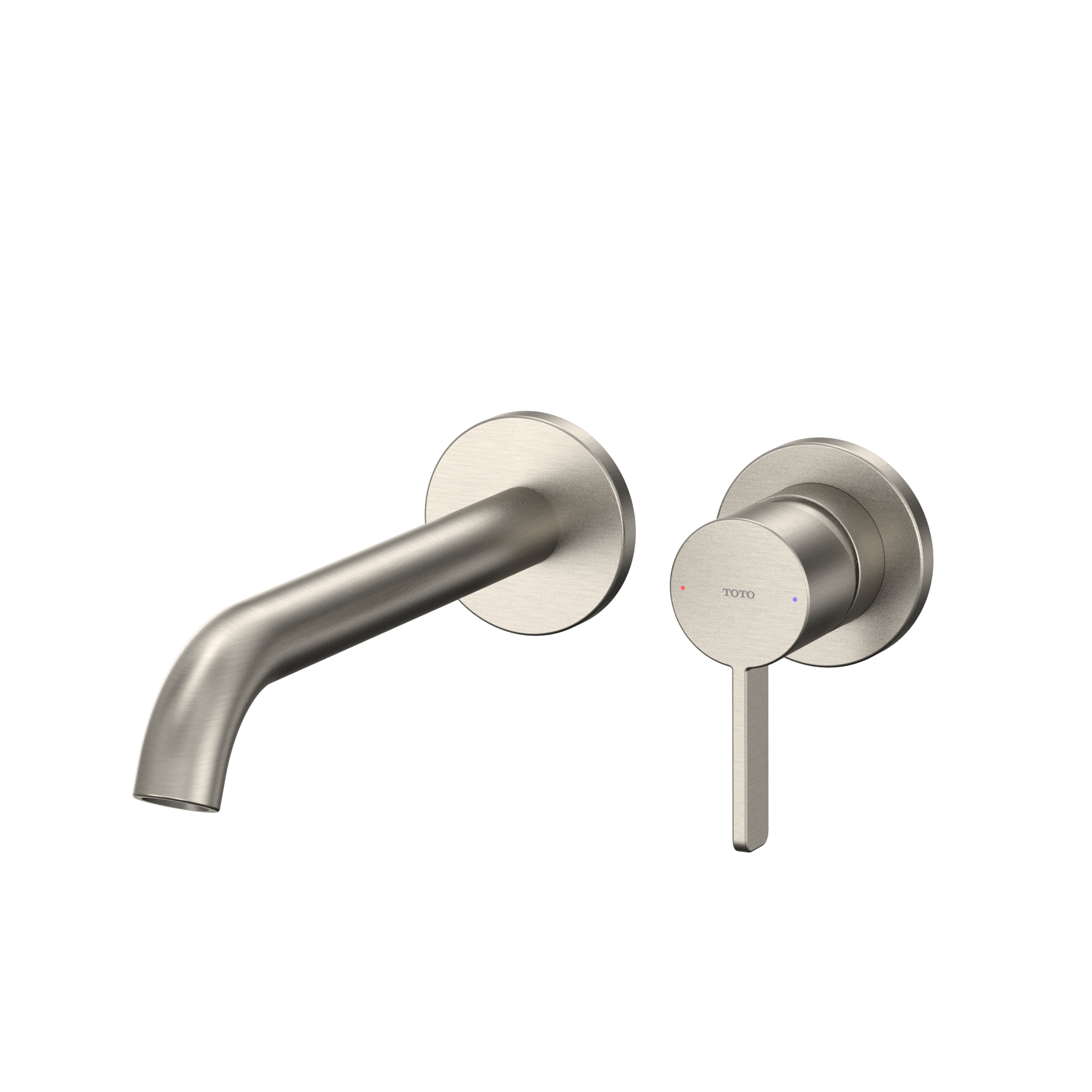 Brushed nickel wall-mount bathroom faucet with curved spout and single-handle lever control.