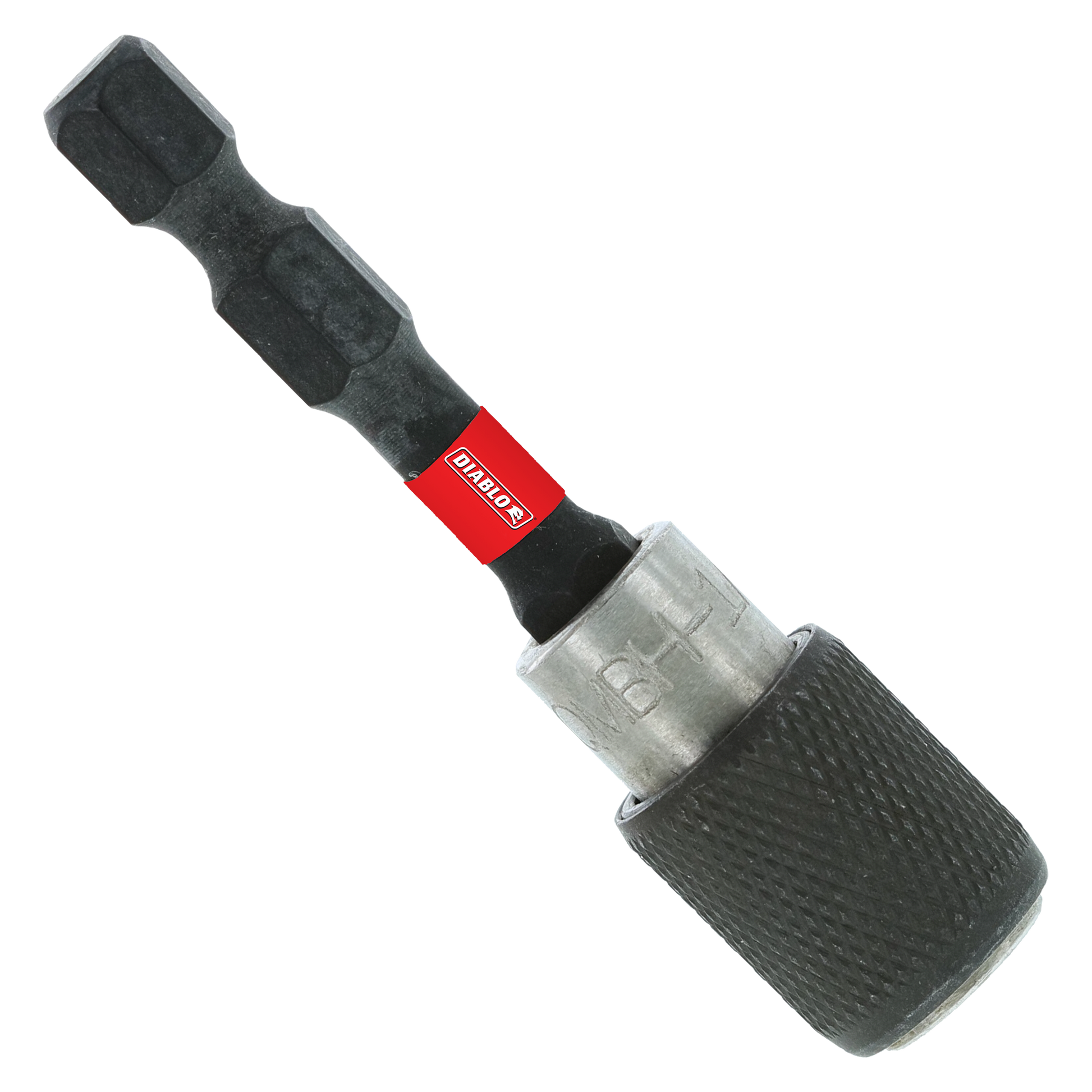 Black magnetic bit holder with red band and metal quick-change chuck on white background.