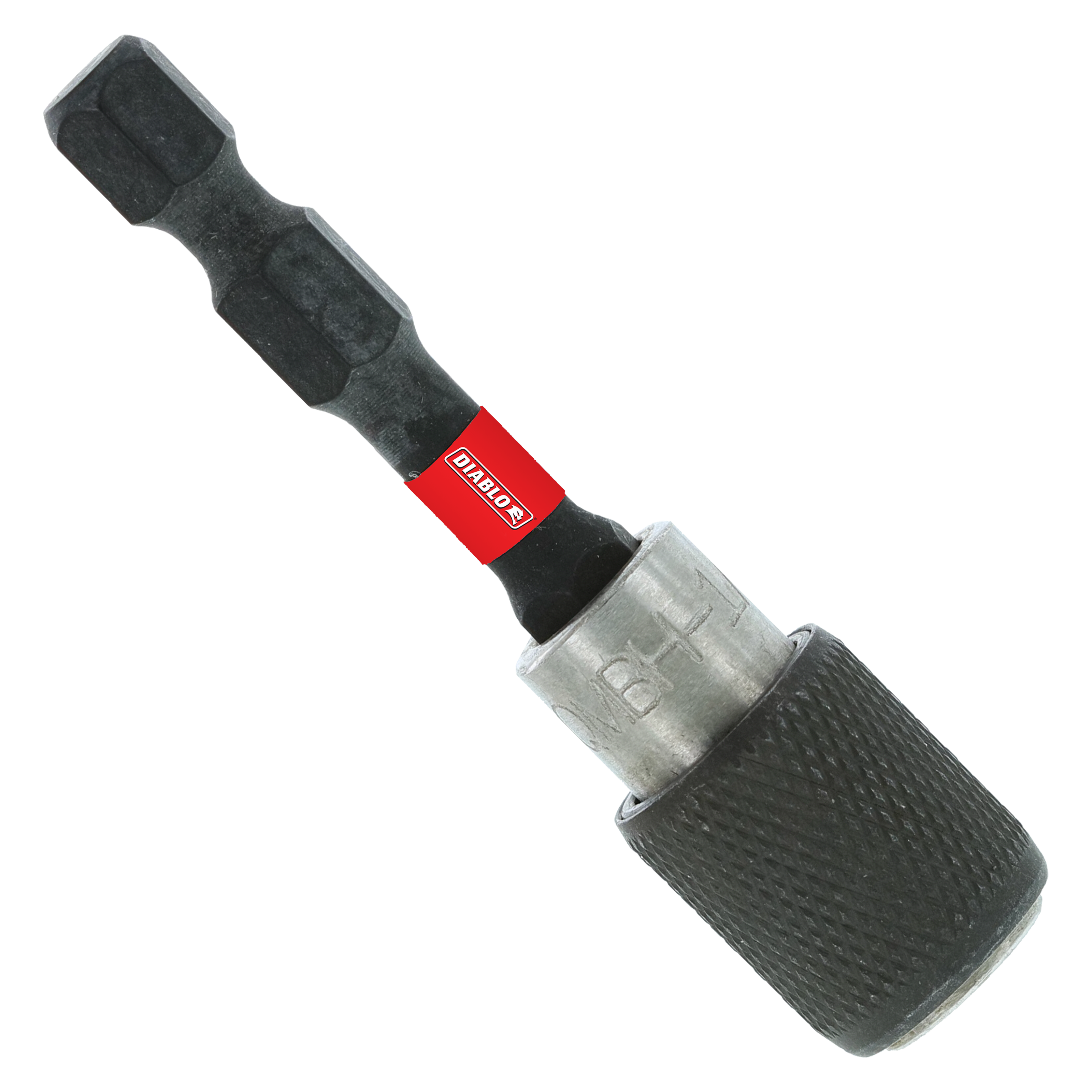 Black magnetic bit holder with red Diablo band and textured grip, featuring quick-change socket connection.