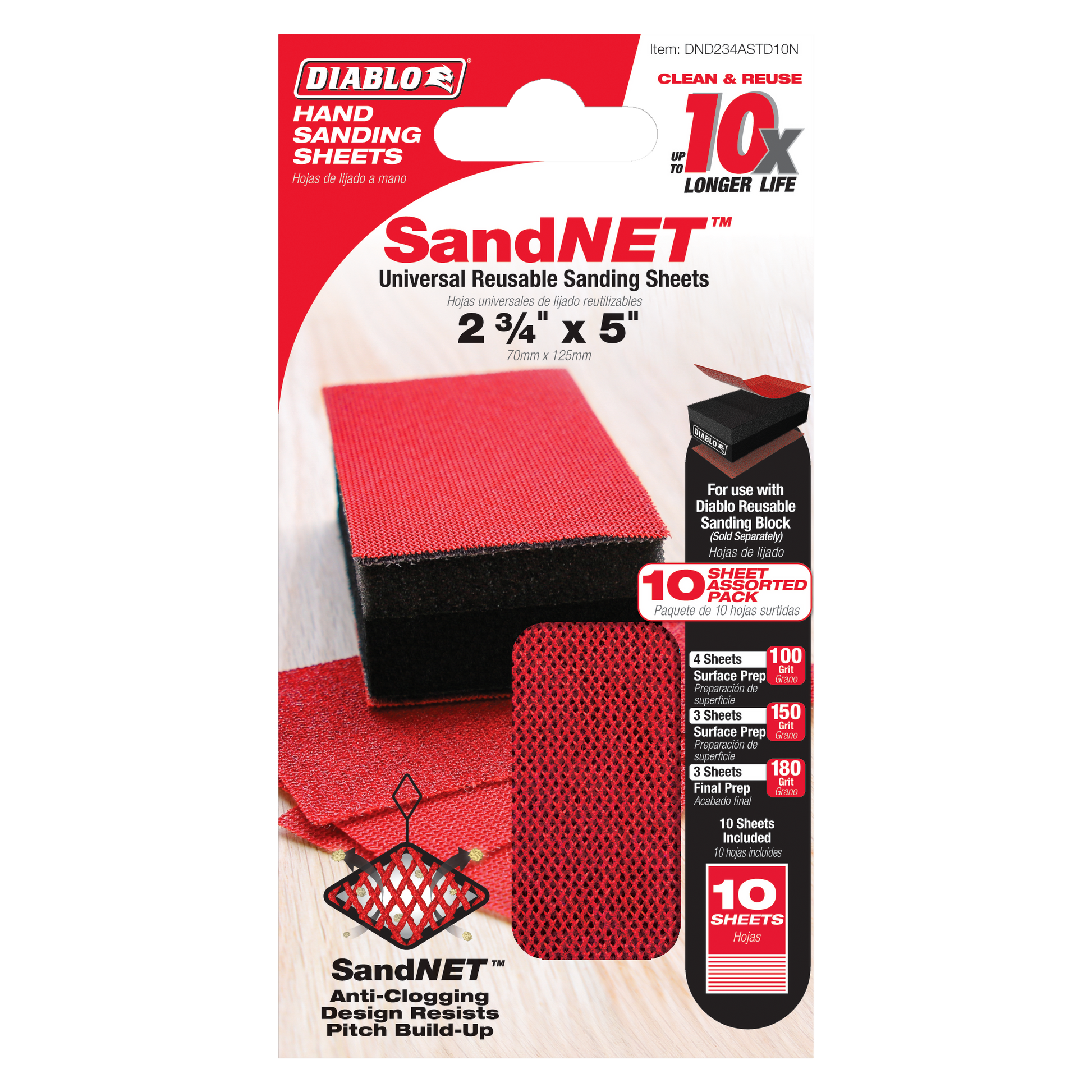 Red and black reusable sanding sheets in assorted grits displayed on packaging with sanding block attachment.