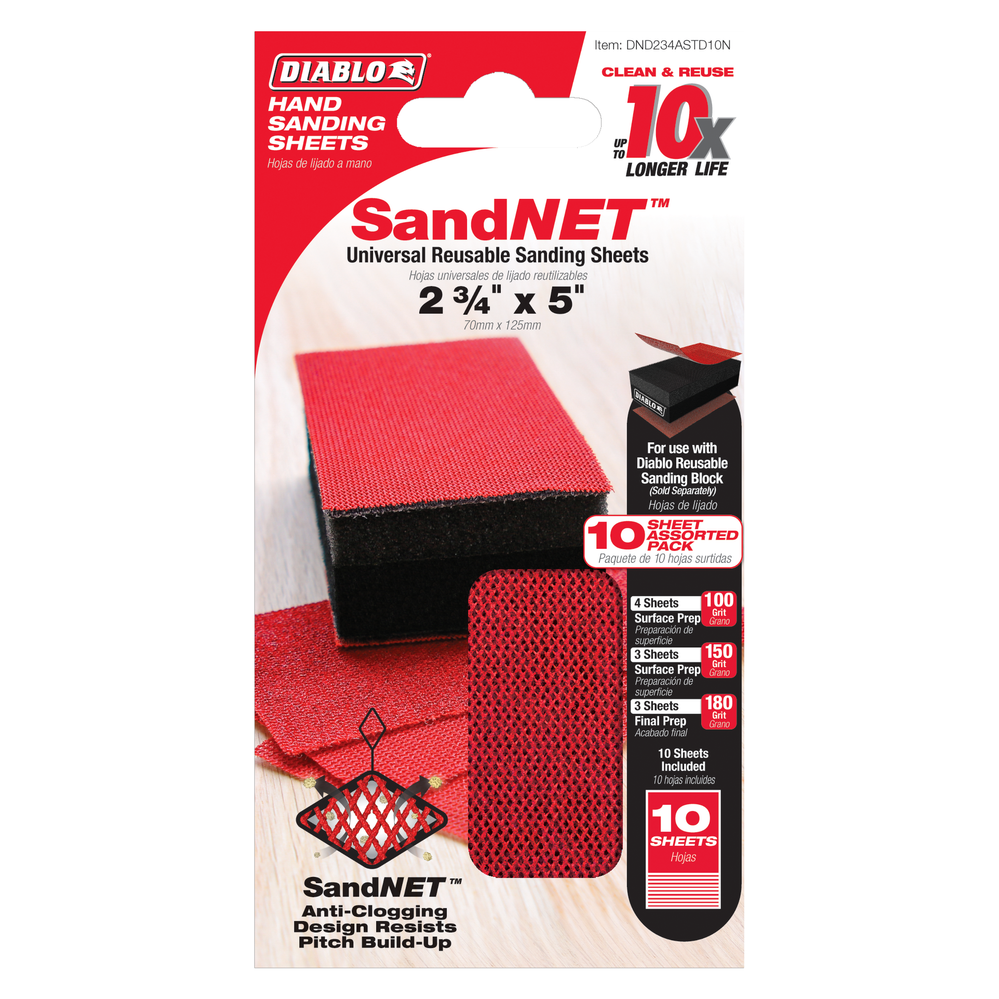 Red and black reusable sanding sheets in assorted grits displayed on packaging with sanding block attachment.