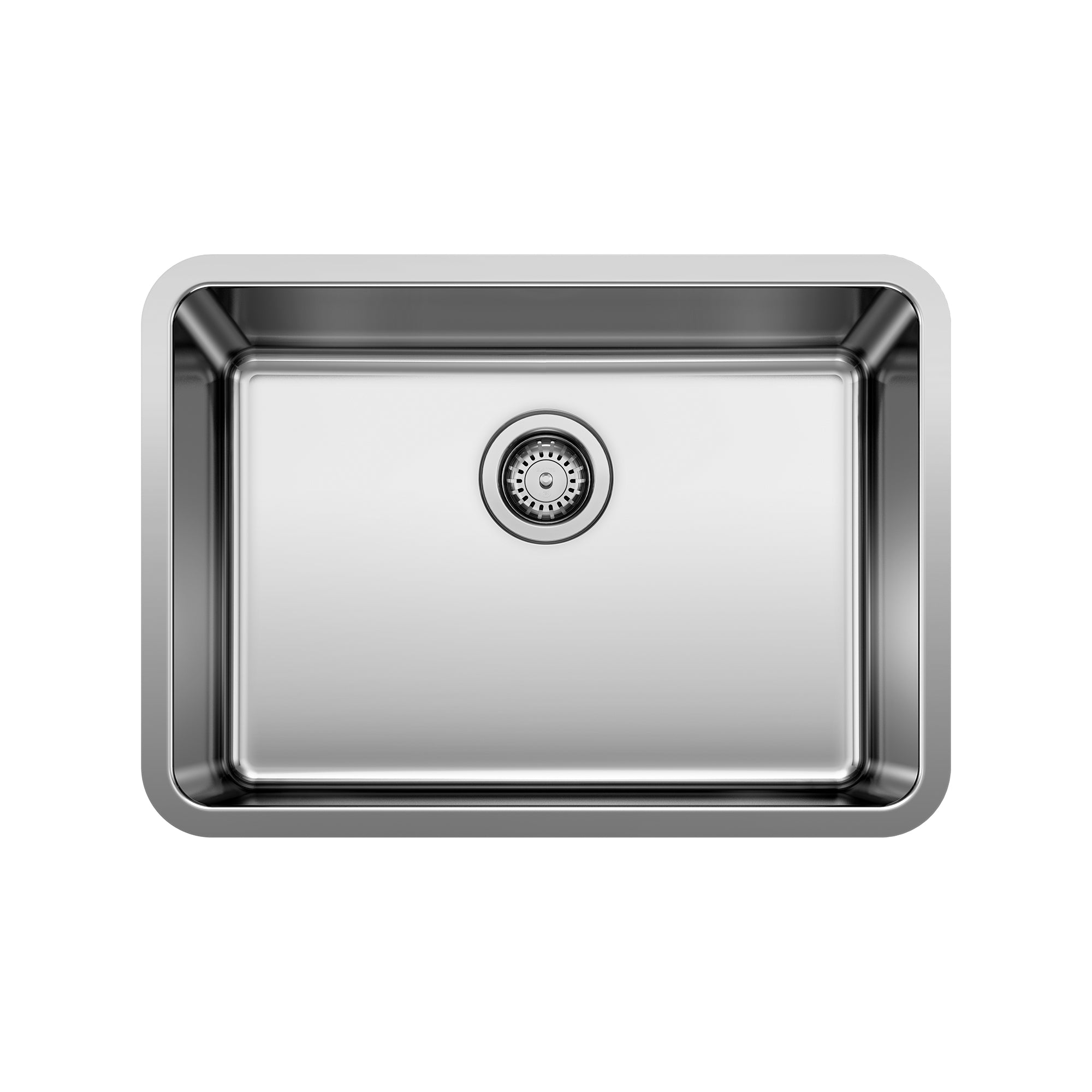 Stainless steel single bowl undermount kitchen sink with rounded corners and chrome drain strainer.