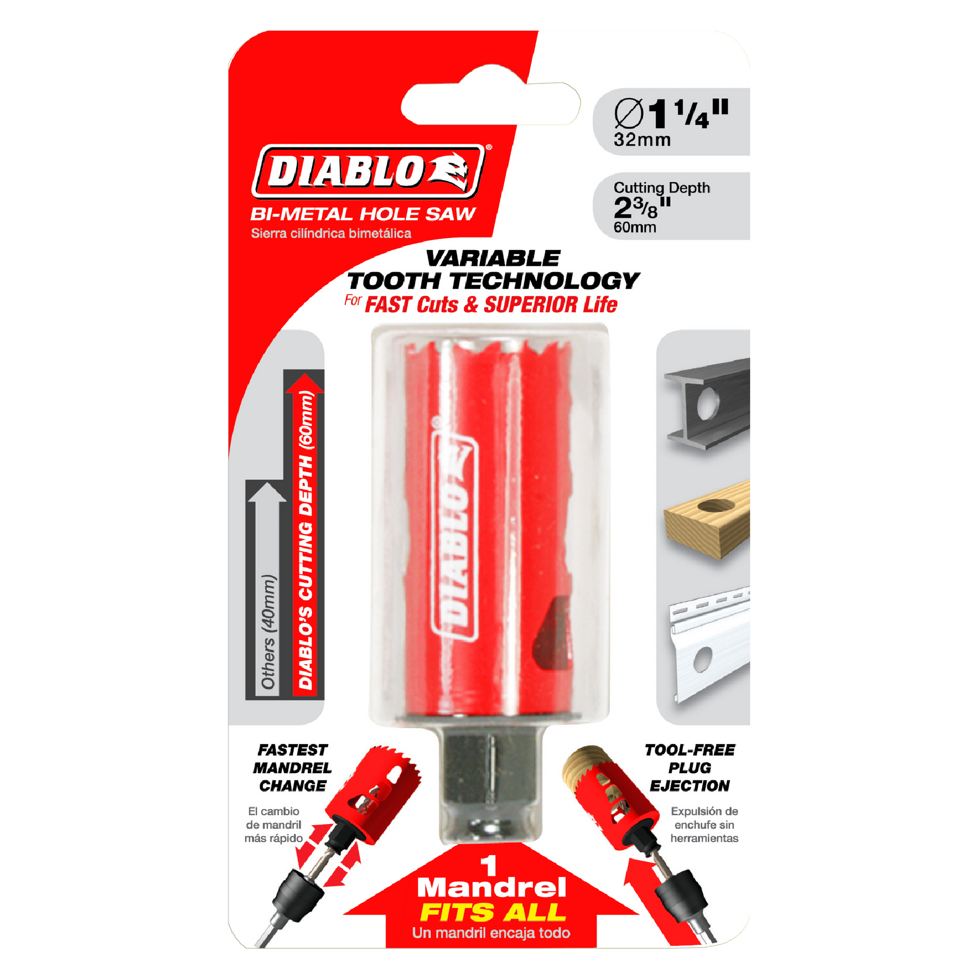 Diablo bi-metal hole saw with 1-1/4 inch diameter, 2-3/8 inch cutting depth, red body, variable tooth technology, and quick-c