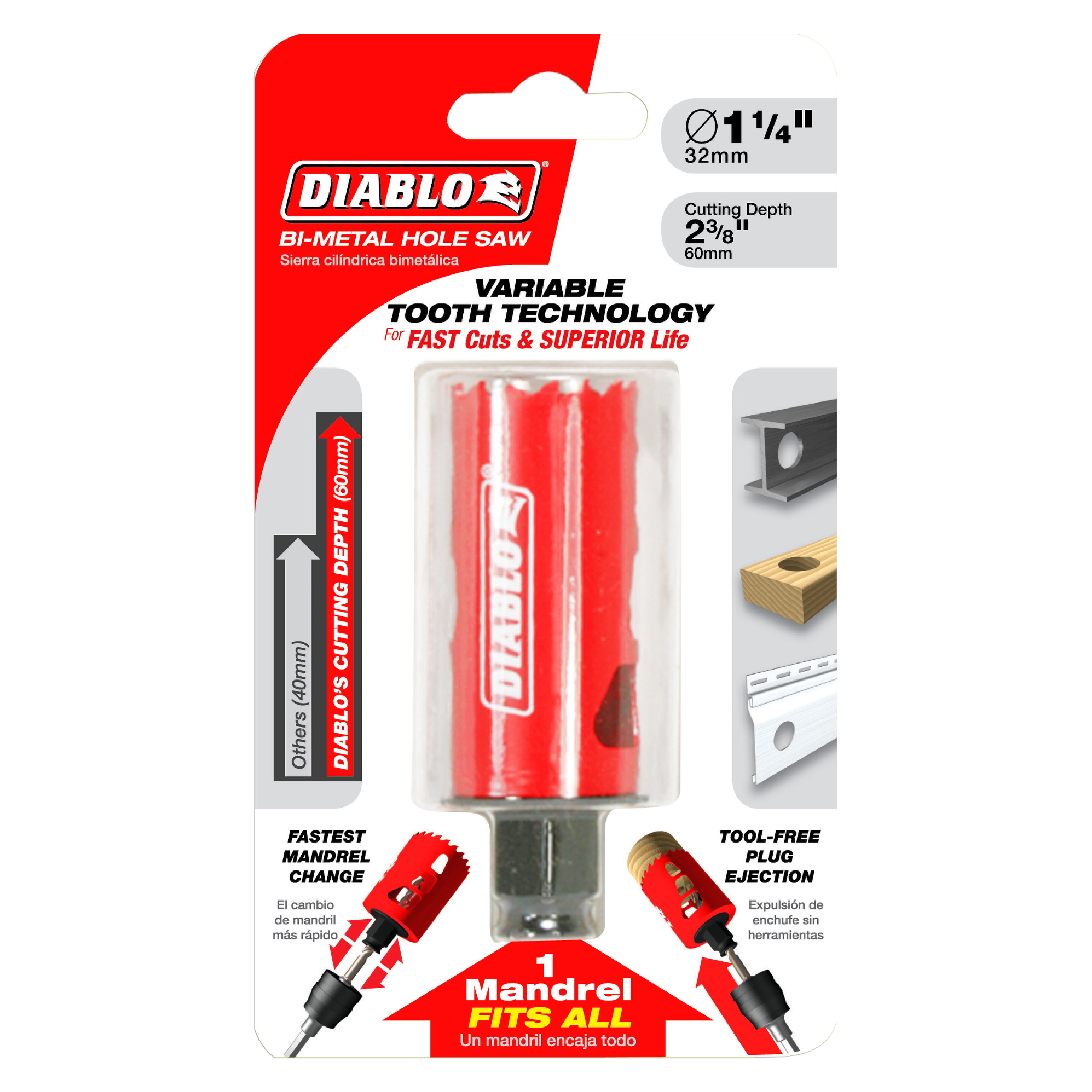 Diablo bi-metal hole saw with 1-1/4 inch diameter, 2-3/8 inch cutting depth, red body, variable tooth technology, and quick-c