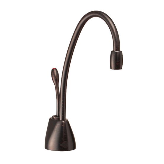 Oil rubbed bronze instant hot water dispenser faucet with curved gooseneck spout and lever handle.