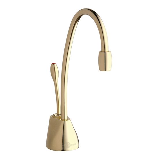 French gold instant hot water dispenser faucet with curved spout and compact base.